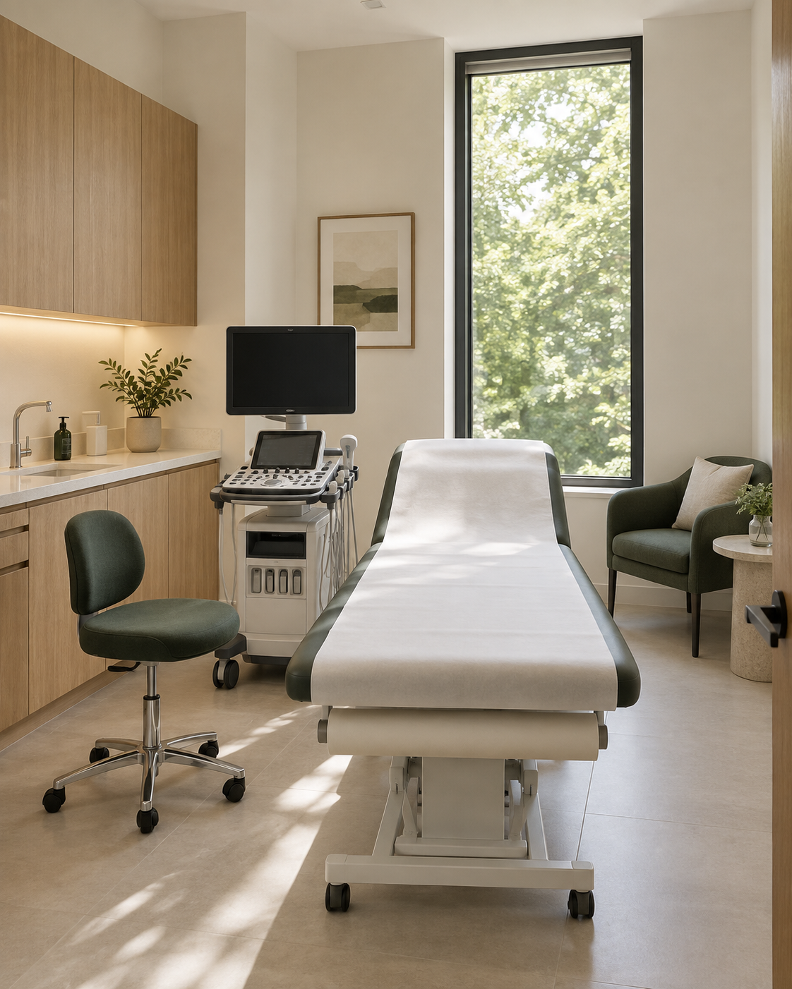 A warm consultation room with an examination couch and ultrasound machine
