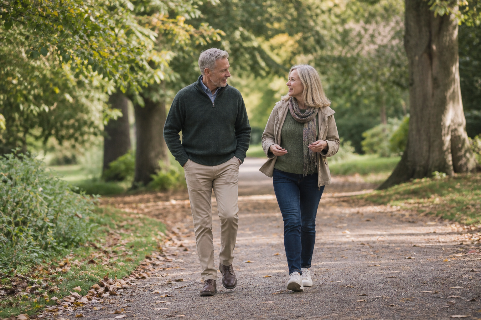 Two adults walking on a leafy park path